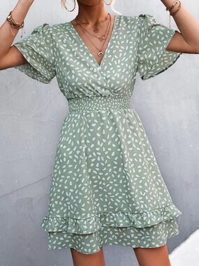 Women's Sage Green Ditsy Print V-Neck Flutter-Sleeve Wrap Mini Dress